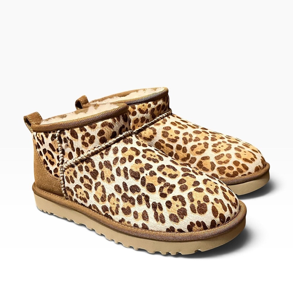 UGG Classic Ultra Mini Leopard Calf Hair Boots Tan Animal Print 11178110 Women 8
